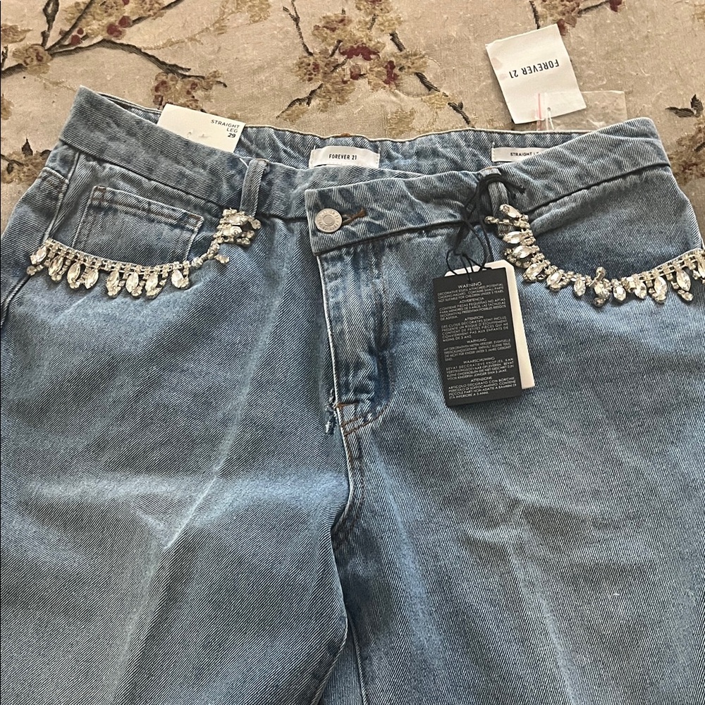 Forever 21 Denim Straight Leg Jeans with Crystal Details
